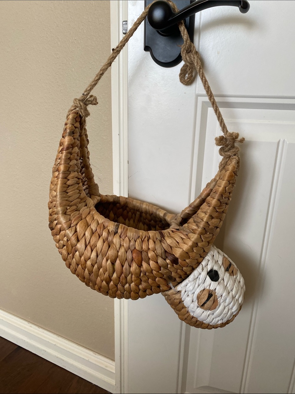 Pottery Barn Kids Brown and White Handwoven Hanging Basket with sloth Detail